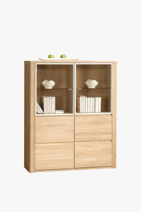 Tölgyfa üvegajtós vitrin modern dizájnnal, 150 cm magas